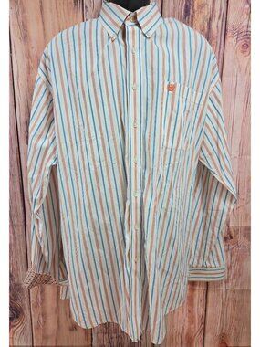 Mens Cinch XL Long Sleeve Button-Up Shirt Striped Orange‎ & Blue 100% Cotton